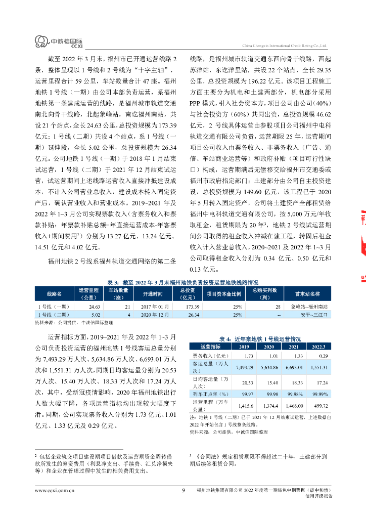 中诚信：福州地铁集团有限公司2022年度第一期绿色中期票据(碳中和债)信用评级报告_第9页