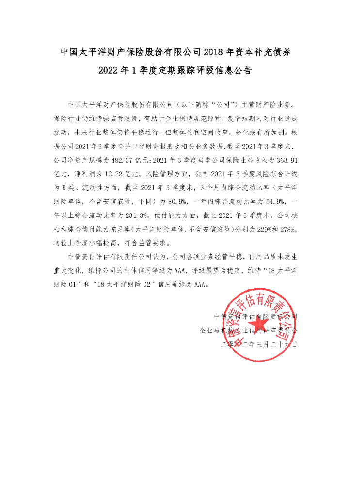 中债资信：中国太平洋财产保险股份有限公司2018年资本补充债券2022年1季度定期跟踪评级信息公告