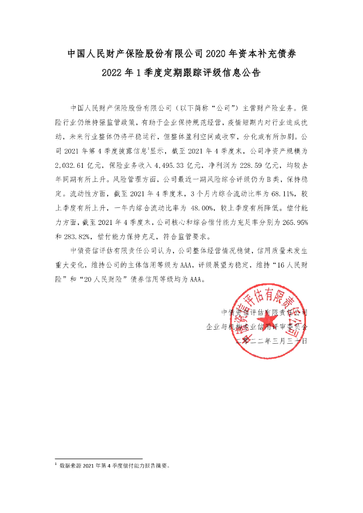 中债资信：中国人民财产保险股份有限公司2020年资本补充债券2022年1季度定期跟踪评级信息公告