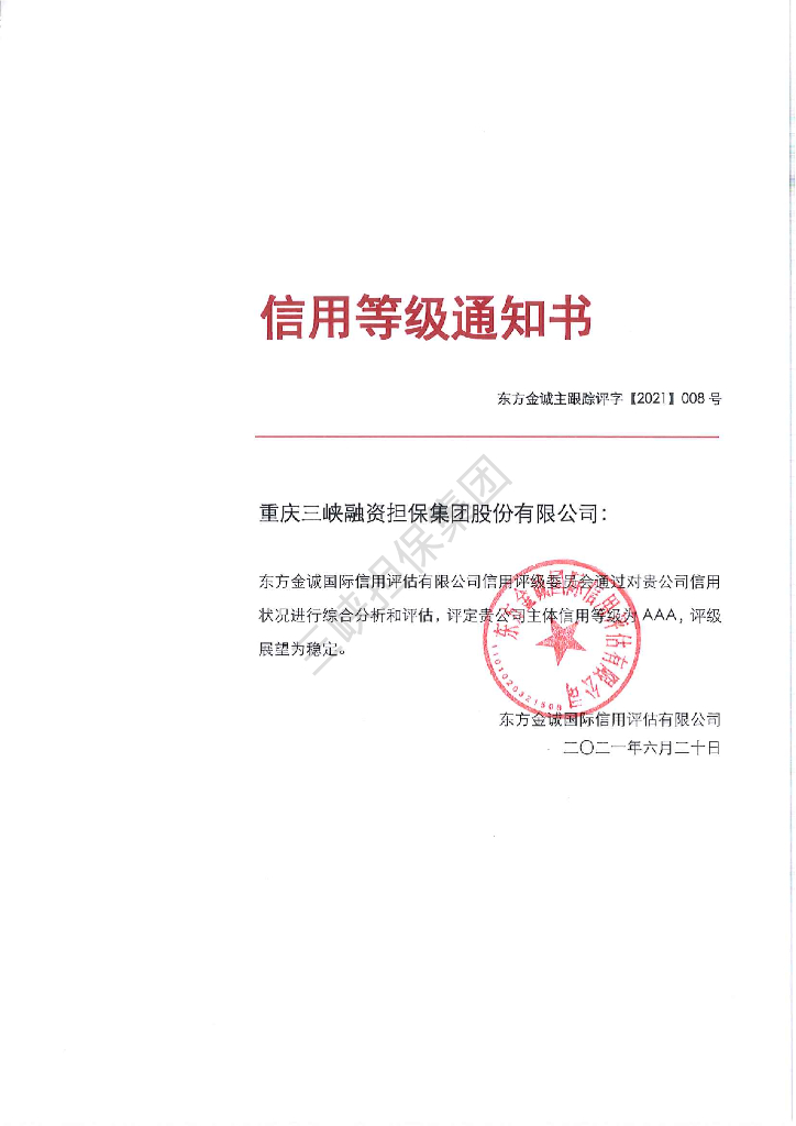 东方金诚：重庆三峡融资担保集团股份有限公司2021年主体信用评级报告