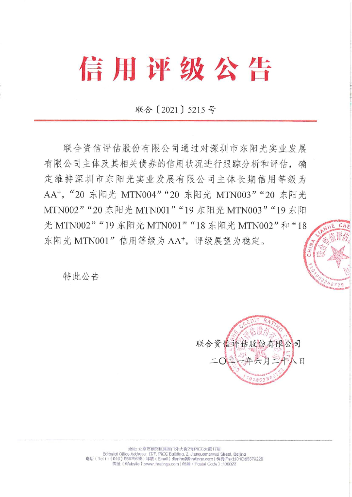 联合资信：深圳市东阳光实业发展有限公司主体信用评级及跟踪评级安排