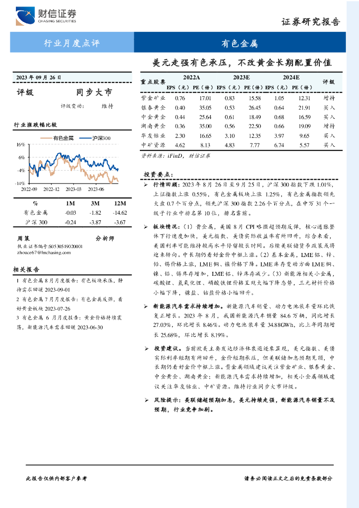 财信证券：有色金属行业月度点评：美元走强有色承压，不改黄金长期配置价值