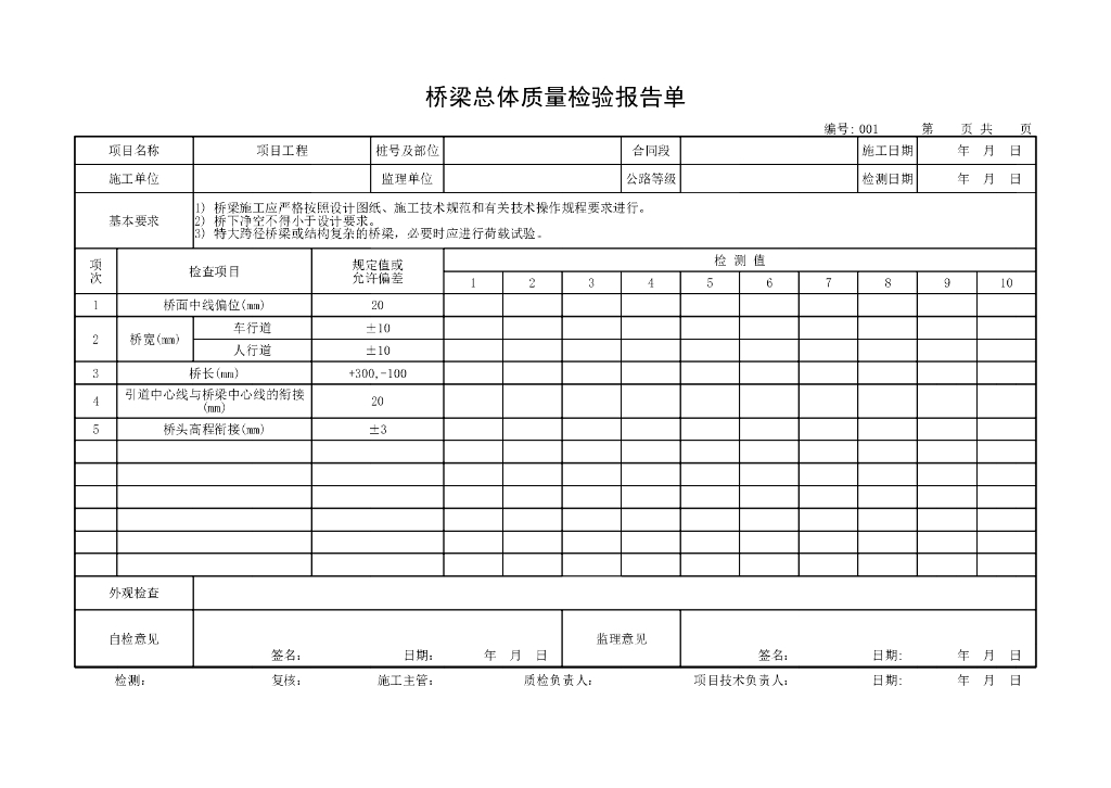 桥梁工程质量评定表桥面系和附属工程