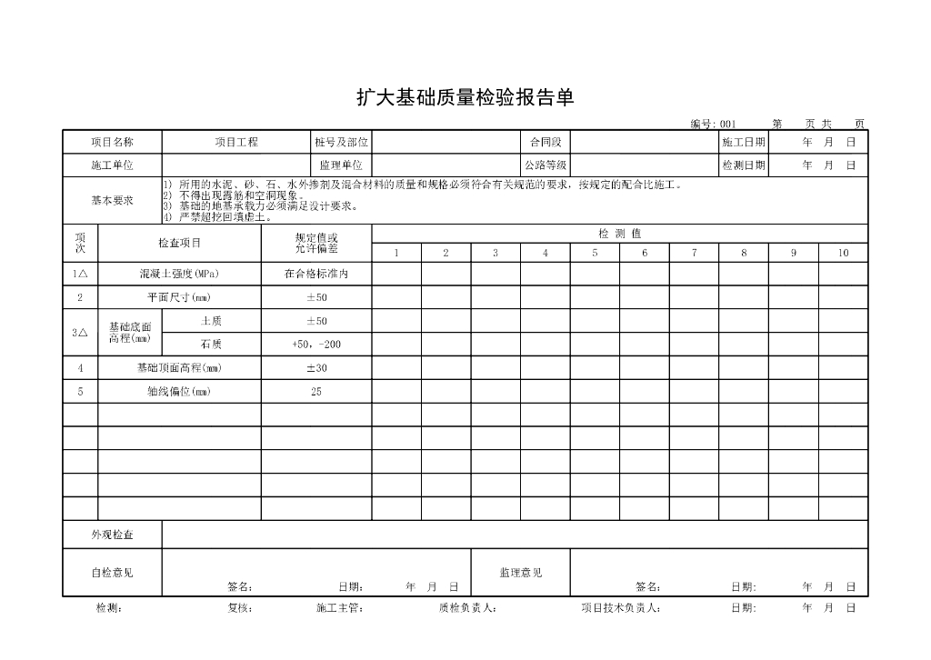 桥梁工程质量评定表基础及下部构造