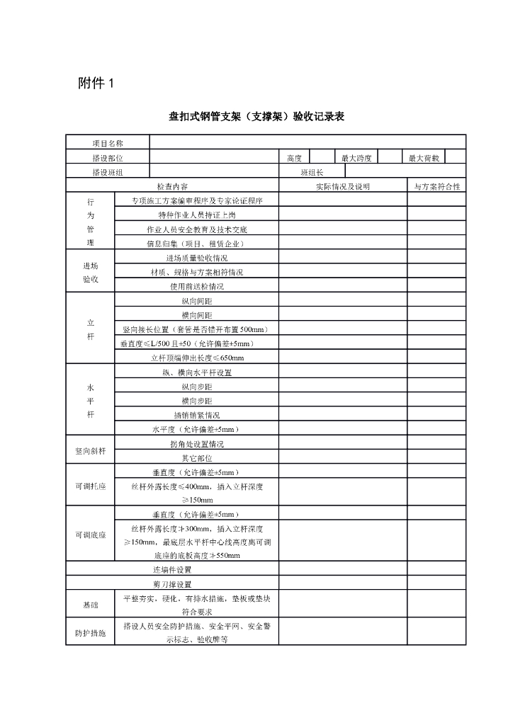 盘扣式钢管支架（支撑架）验收记录表