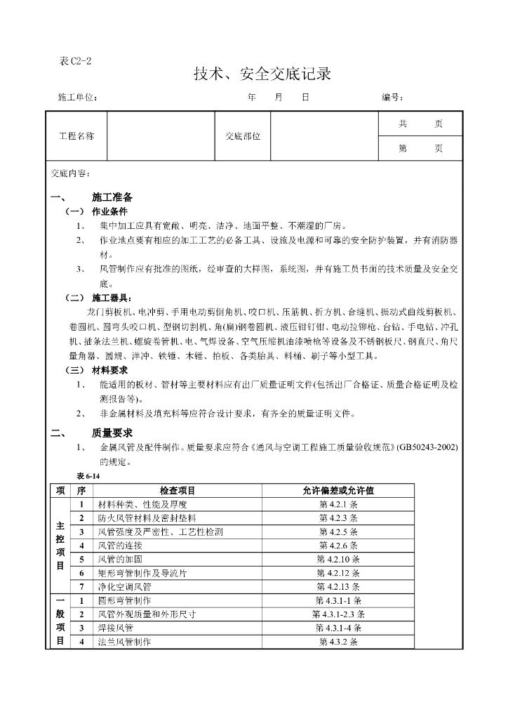 通风管道及部件制作工程