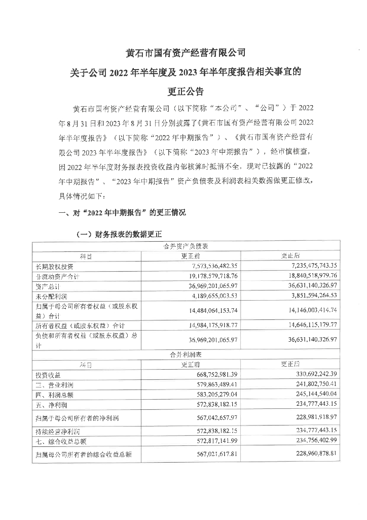 黄石市国有资产经营有限公司关于2022年半年度报表的更正公告及更正报表