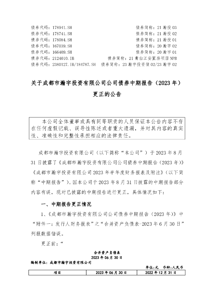 关于成都市瀚宇投资有限公司公司债券中期报告(2023年)更正的公告