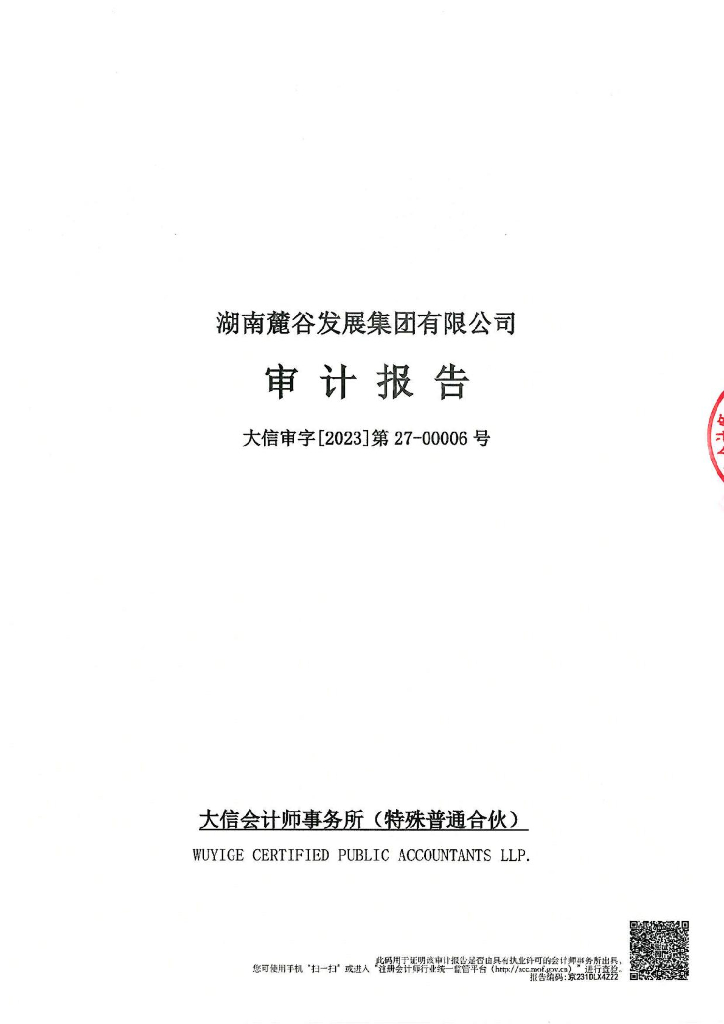 湖南麓谷发展集团有限公司2022年经审计的合并及母公司财务报告