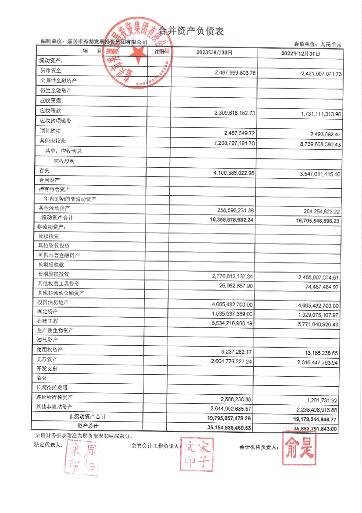 嘉兴市秀湖发展投资集团有限公司2023年半年度财务报表及附注(更正)