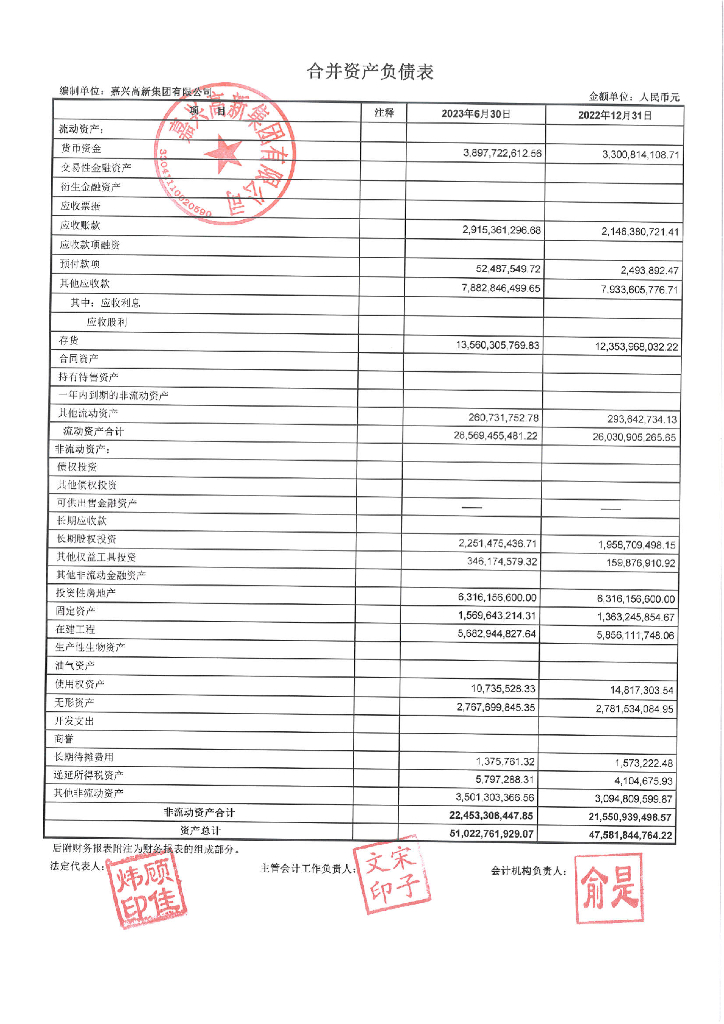 嘉兴高新集团有限公司2023年半年度财务报表及附注(更正)