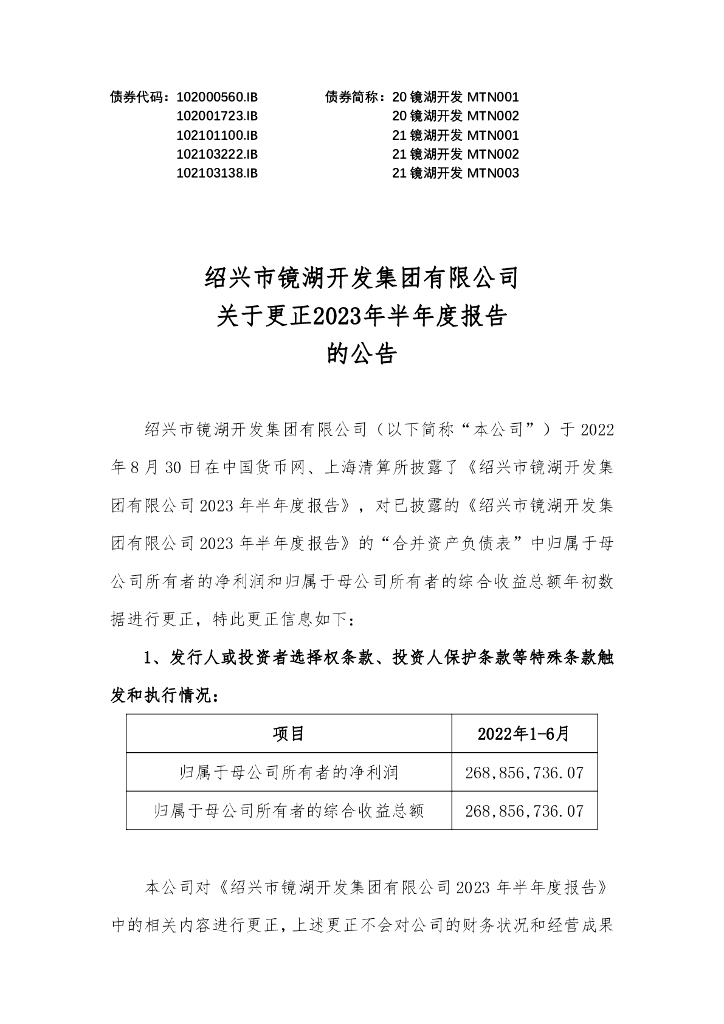 绍兴市镜湖开发集团有限公司2023年半年度报告的更正公告及相关文件