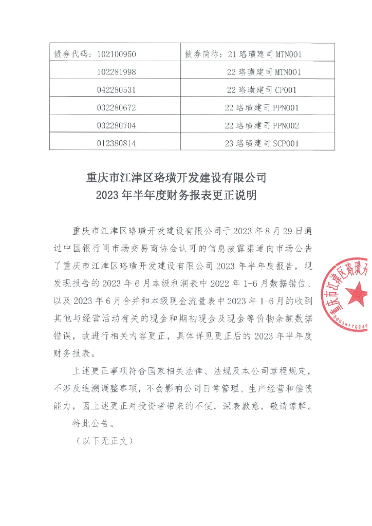 重庆市江津区珞璜开发建设有限公司2023年半年度财务报表更正说明及更正后文件