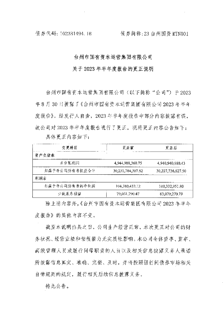 台州市国有资本运营集团有限公司关于2023年半年度报告的更正说明及更正后文件