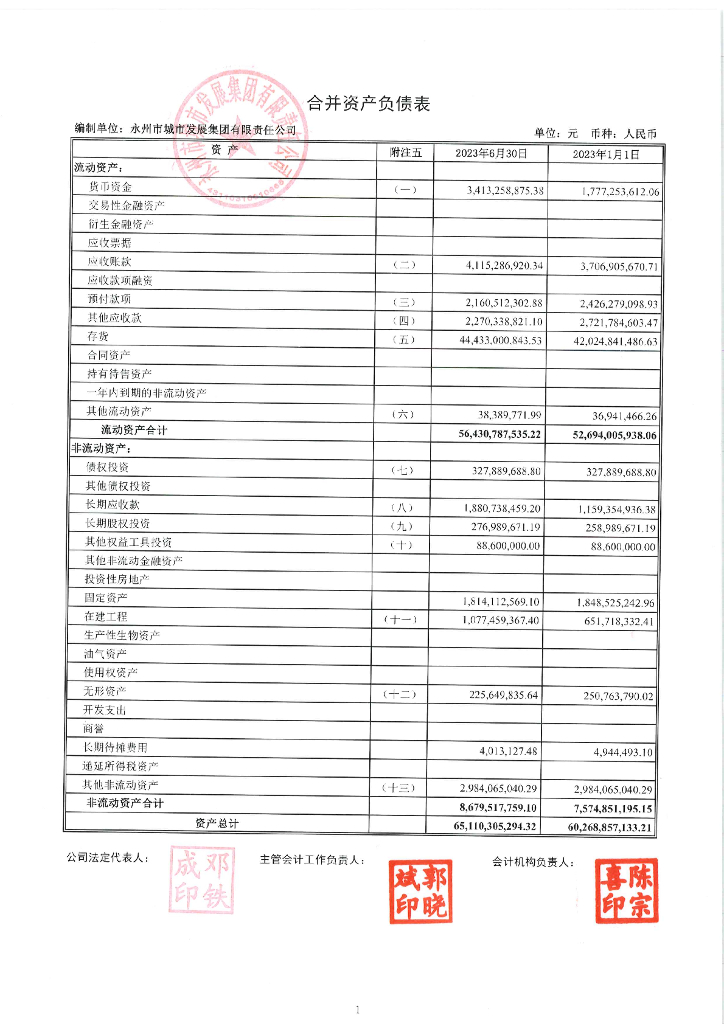 永州市城市发展集团有限责任公司2023年半年度财务报表及附注