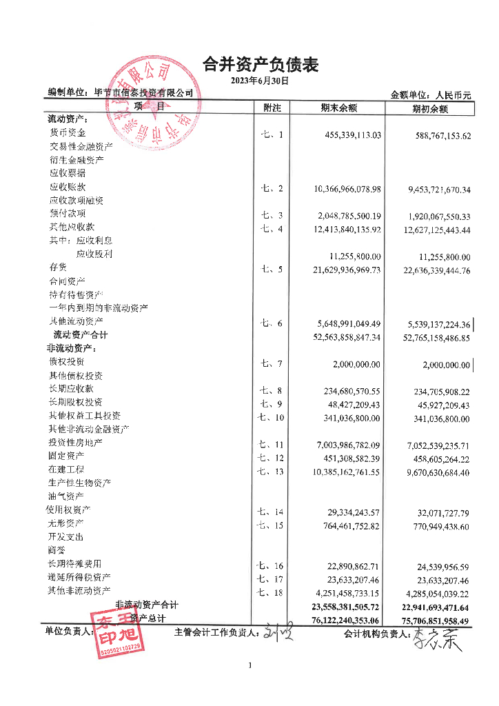 毕节市信泰投资有限公司公司债券2023年中期财务报表及附注