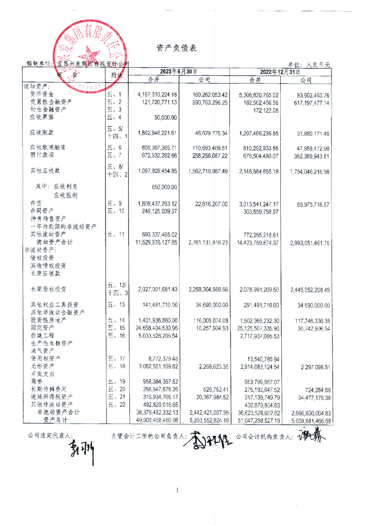 宜昌兴发集团有限责任公司2023年半年度财务报表及附注