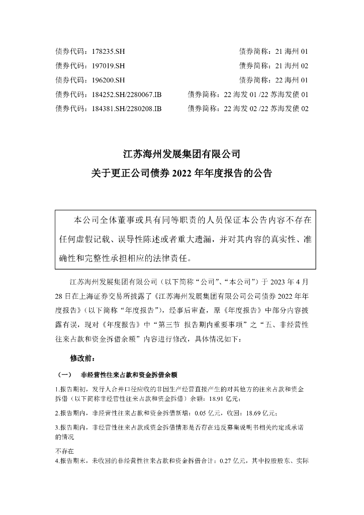 江苏海州发展集团有限公司关于更正公司债券2022年年度报告的公告