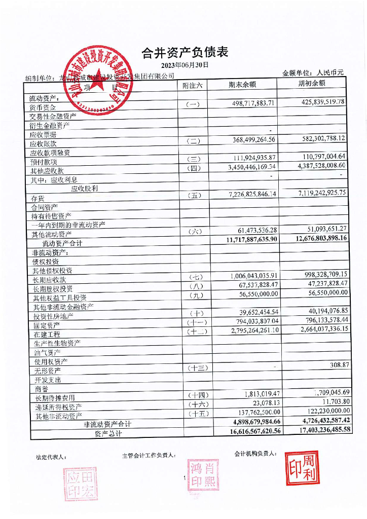 龙山县城市建设投资开发集团有限公司公司债券2023年中期财务报表及附注