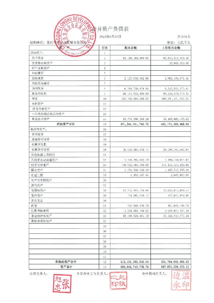 重庆龙湖企业拓展有限公司2023年半年度财务报表及附注