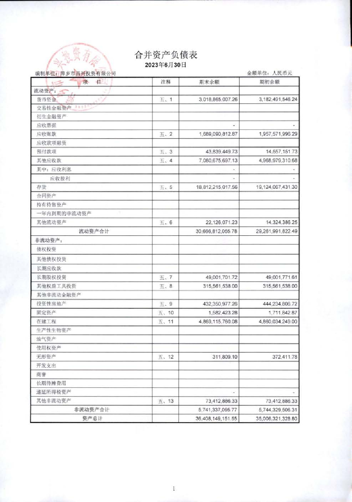 萍乡市昌兴投资有限公司2023半年财务报表及附注