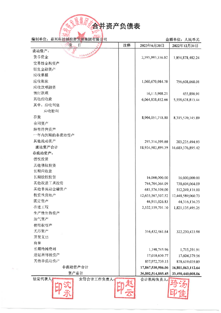 嘉兴科技城投资发展集团有限公司2023年半年报财务报表及附注