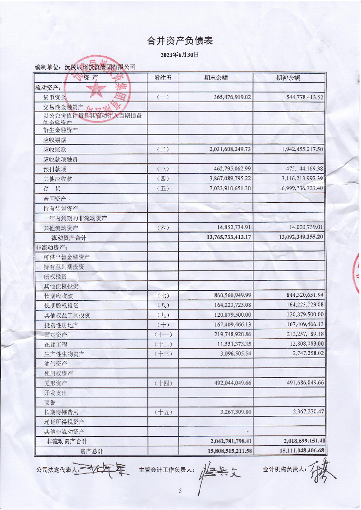沅陵辰州投资集团有限公司公司债券2023年中期财务报表及附注