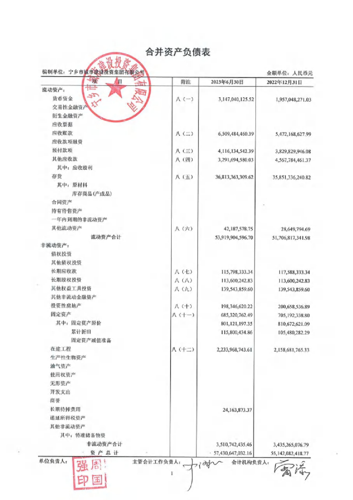 宁乡市城市建设投资集团有限公司2023年1-6月财务报表及附注
