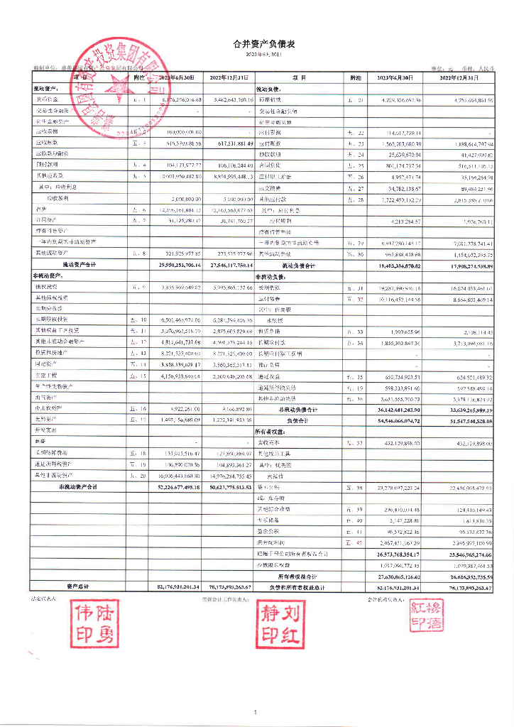 嘉善县国有资产投资集团有限公司2023年半年度财务报表及附注