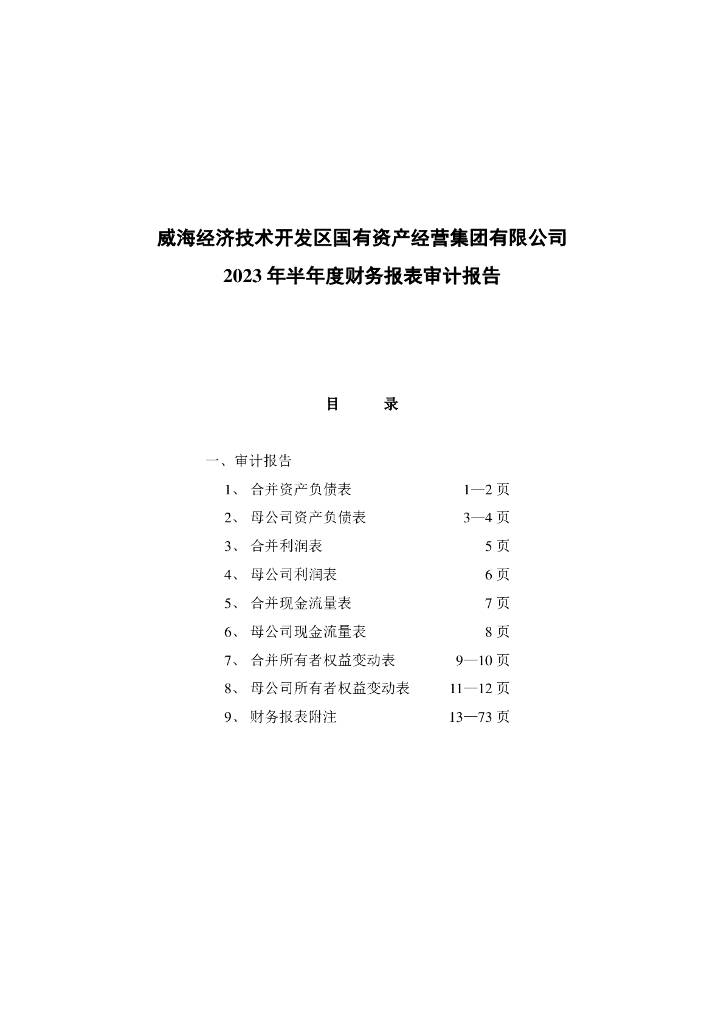 威海经济技术开发区国有资产经营集团有限公司2023年半年度财务报表及附注