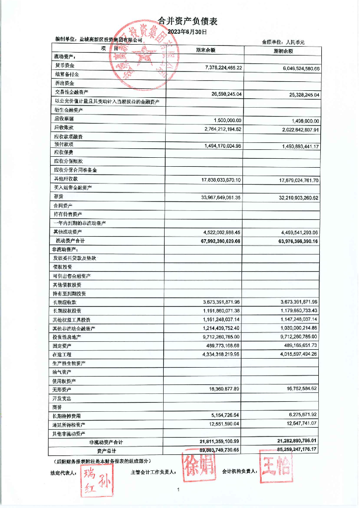 盐城高新区投资集团有限公司2023年半年度合并及母公司财务报表