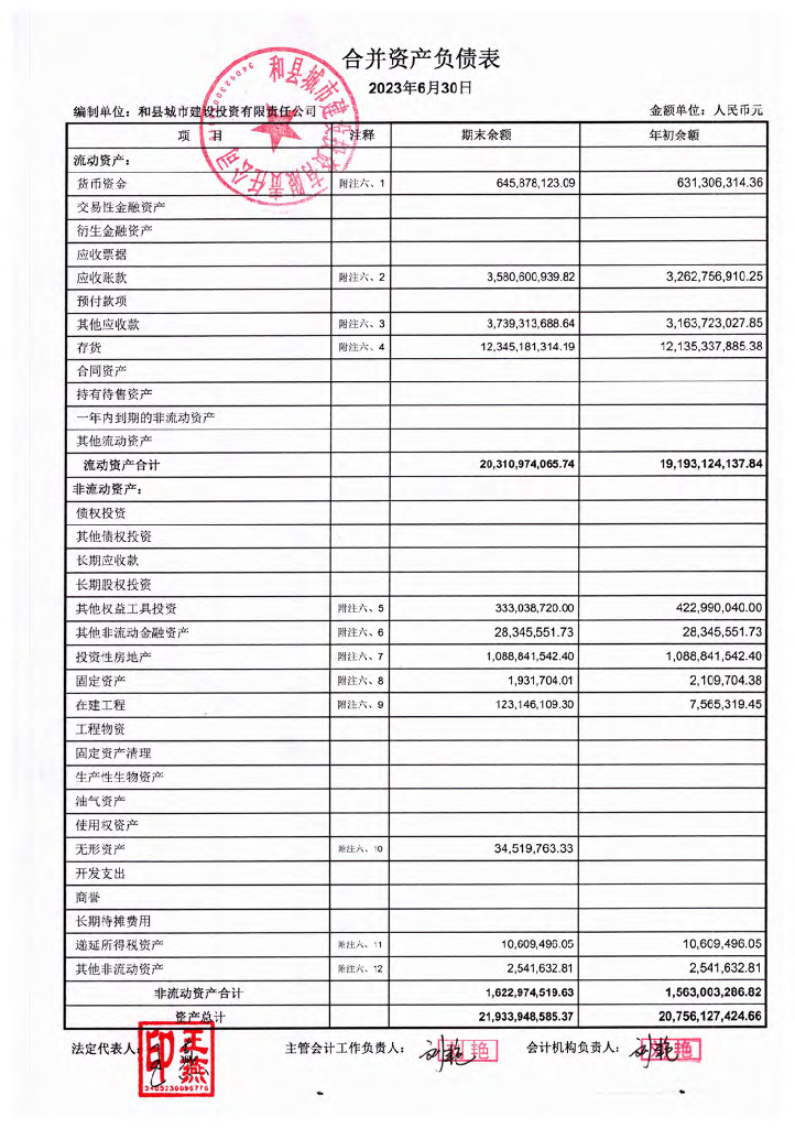 和县城市建设投资有限责任公司2023年半年度财务报表及附注(含担保人财务报表)