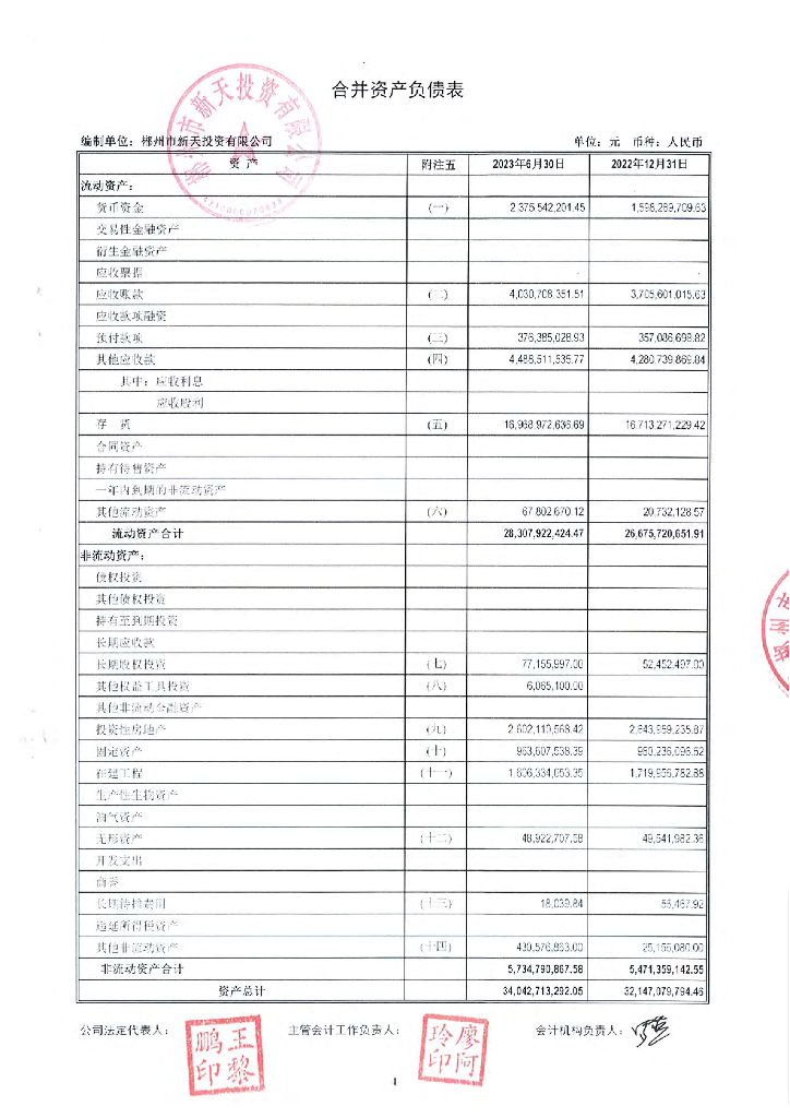 郴州市新天投资有限公司公司债券2023年中期财务报表及附注