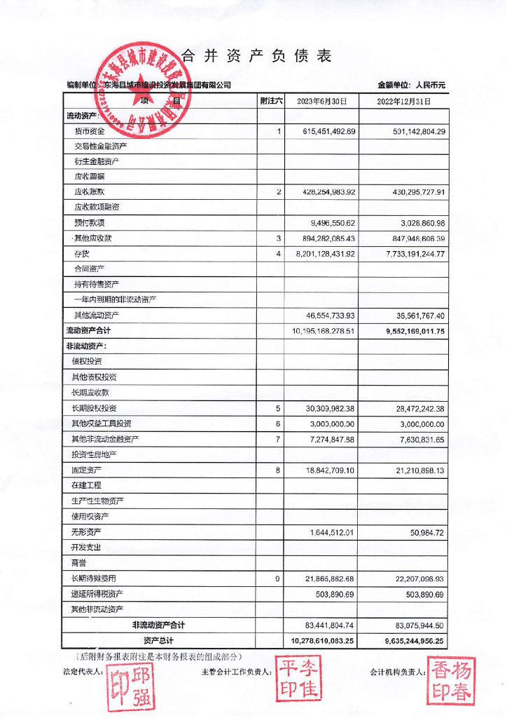 东海县城市建设投资发展集团有限公司及担保人2023年半年度财务报表及附注