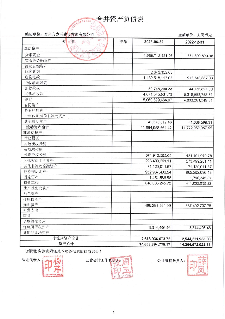 泰州市龙马建设发展有限公司2023年1-6月财务报表及附注