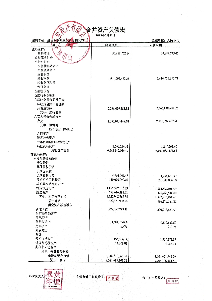 眉山岷东开发投资有限公司2023年1-6月财务报表及附注