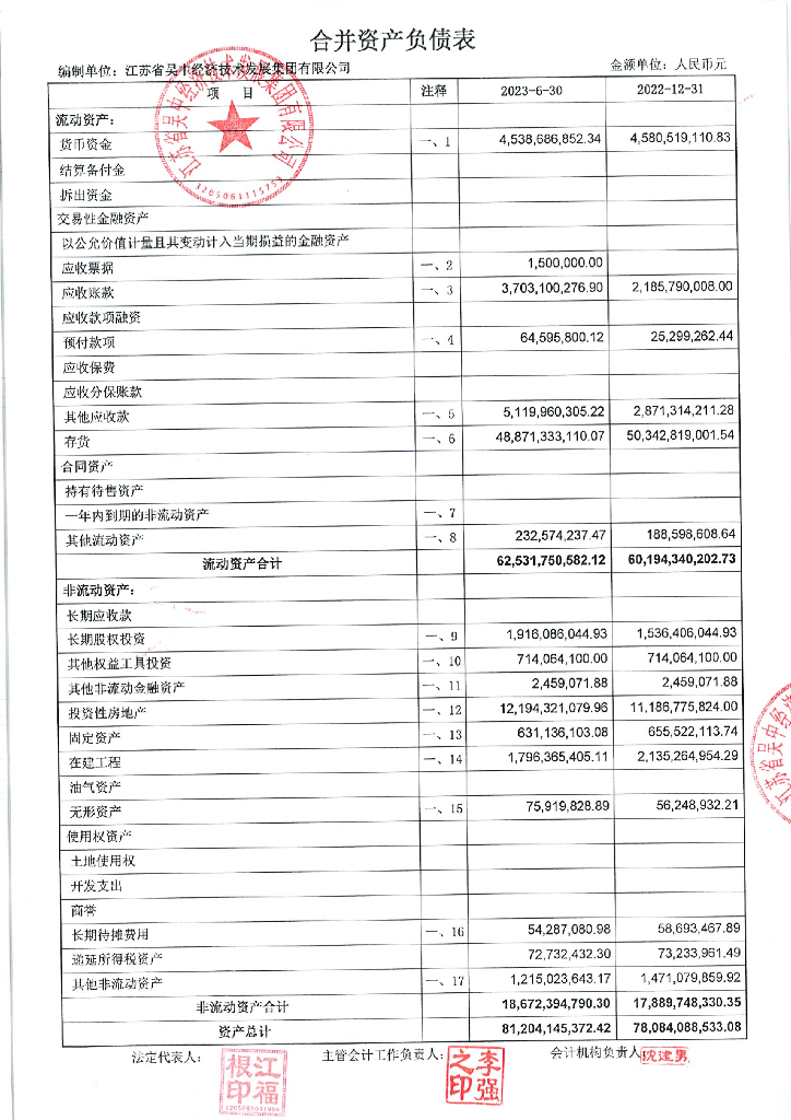 江苏省吴中经济技术发展集团有限公司2023年半年度财务报表及附注