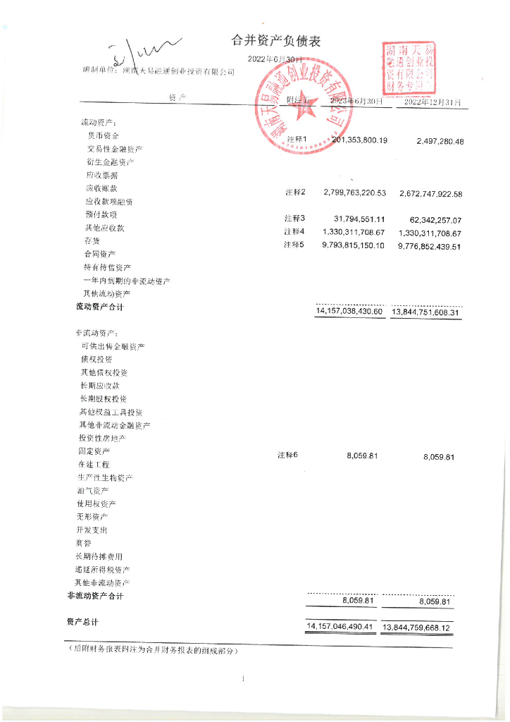 湖南天易融通创业投资有限公司公司债券2023年中期财务报表及附注