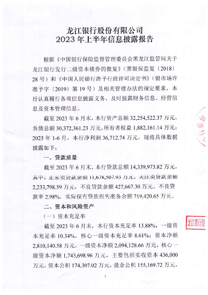 龙江银行股份有限公司2023年上半年信息披露报告