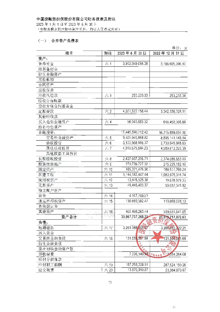 中国投融资担保股份有限公司2023年半年报报表及附注
