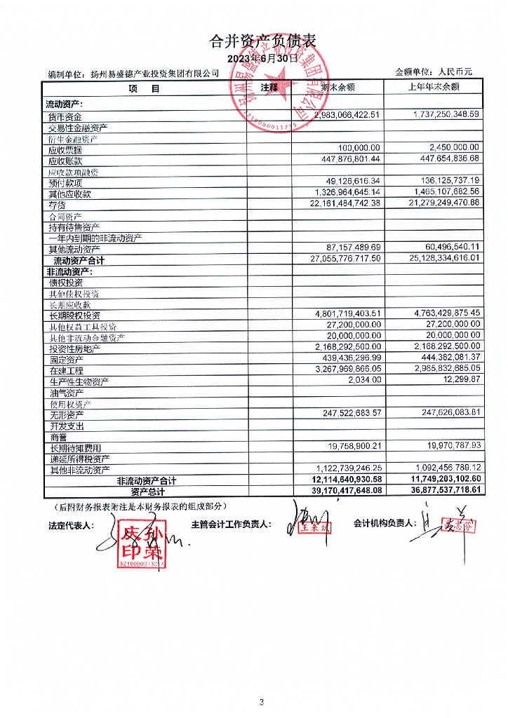 扬州易盛德产业投资集团有限公司2023年半年度财务报表及附注