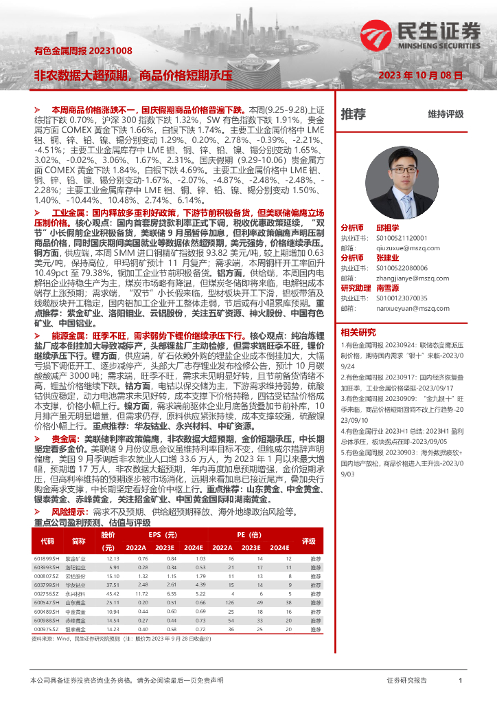 民生证券：有色金属周报：非农数据大超预期，商品价格短期承压