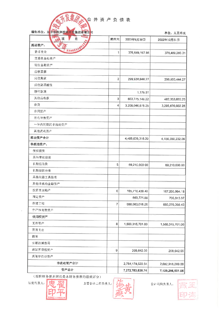 如东金海岸投资开发集团有限公司2023年半年度财务报表及附注