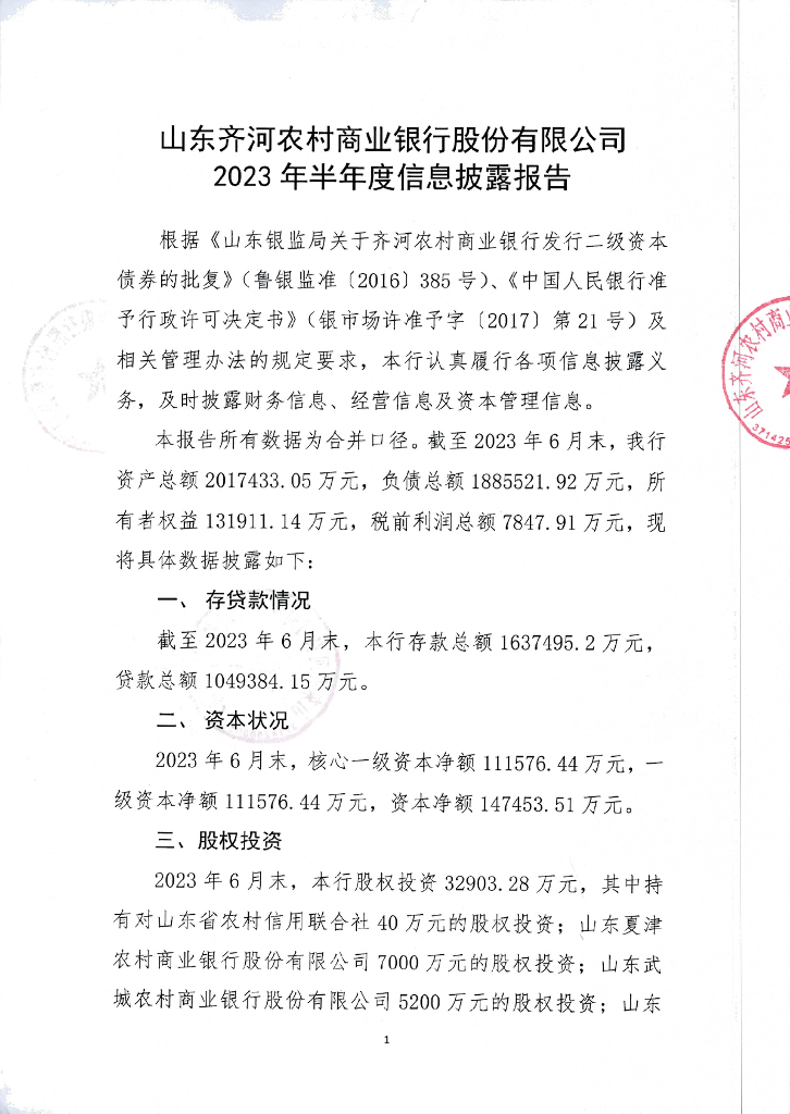 山东齐河农村商业银行股份有限公司2023年半年度信息披露报告