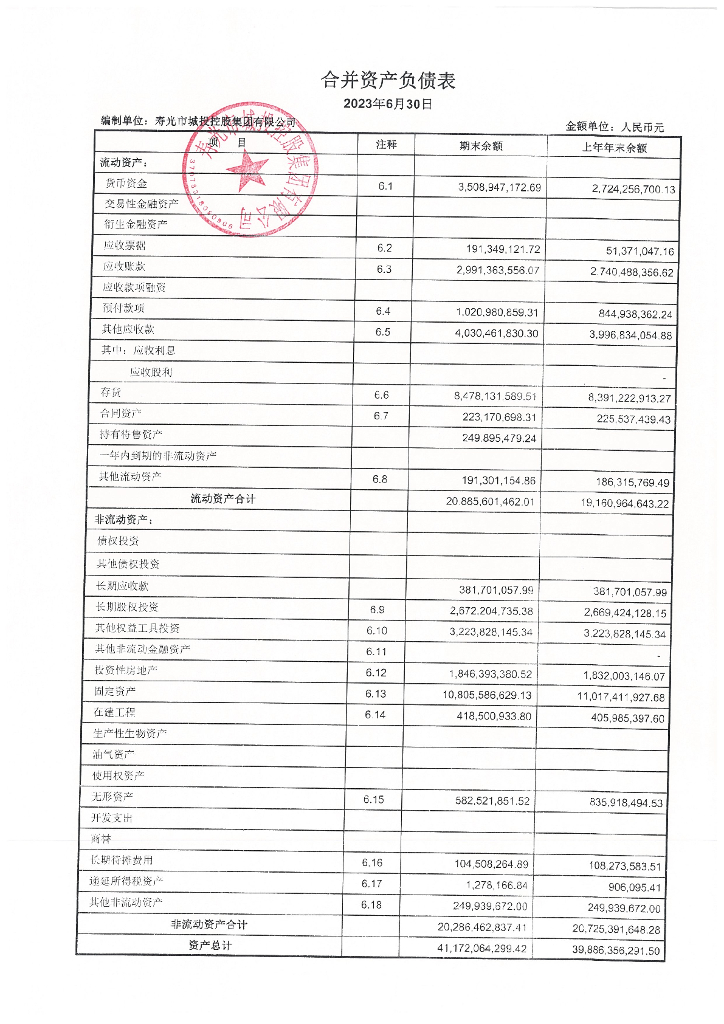 寿光市城投控股集团有限公司2023年半年度财务报表