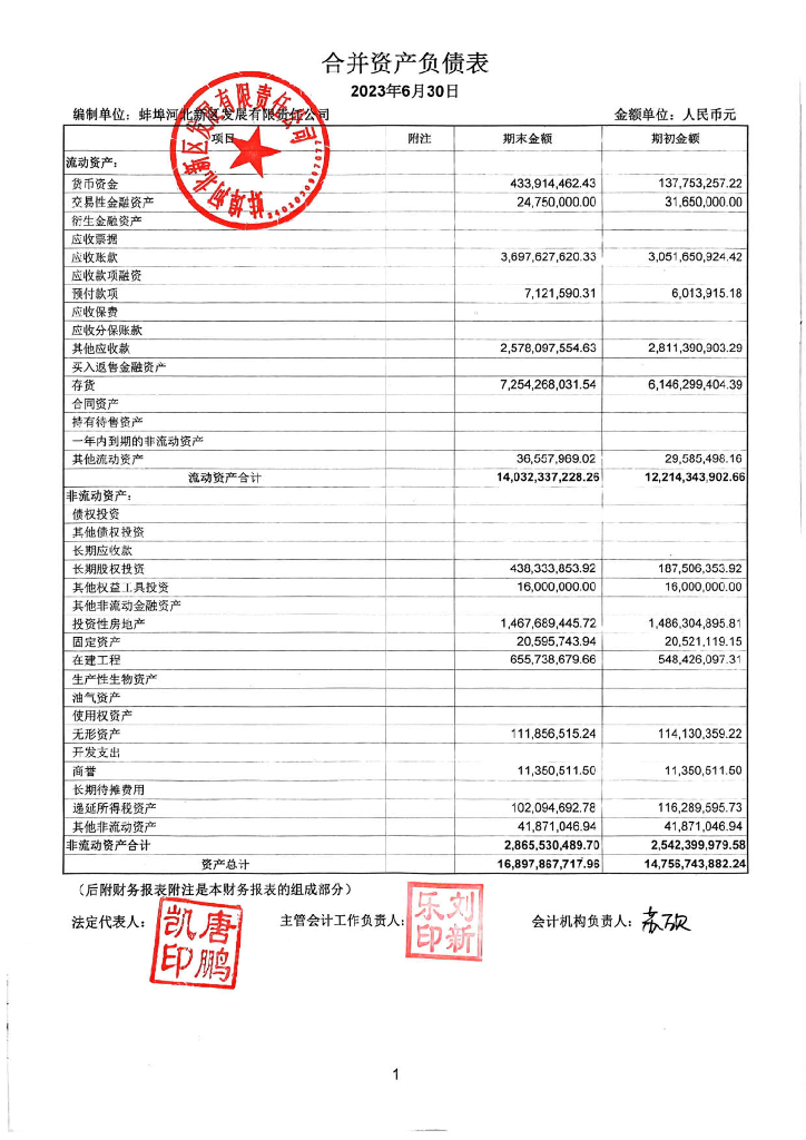 蚌埠河北新区发展有限责任公司2023年1-6月财务报表及附注