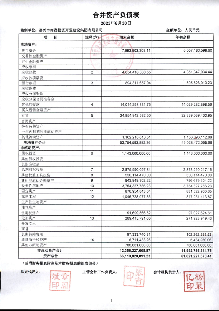 嘉兴市南湖投资开发建设集团有限公司2023年半年度财务报表及附注
