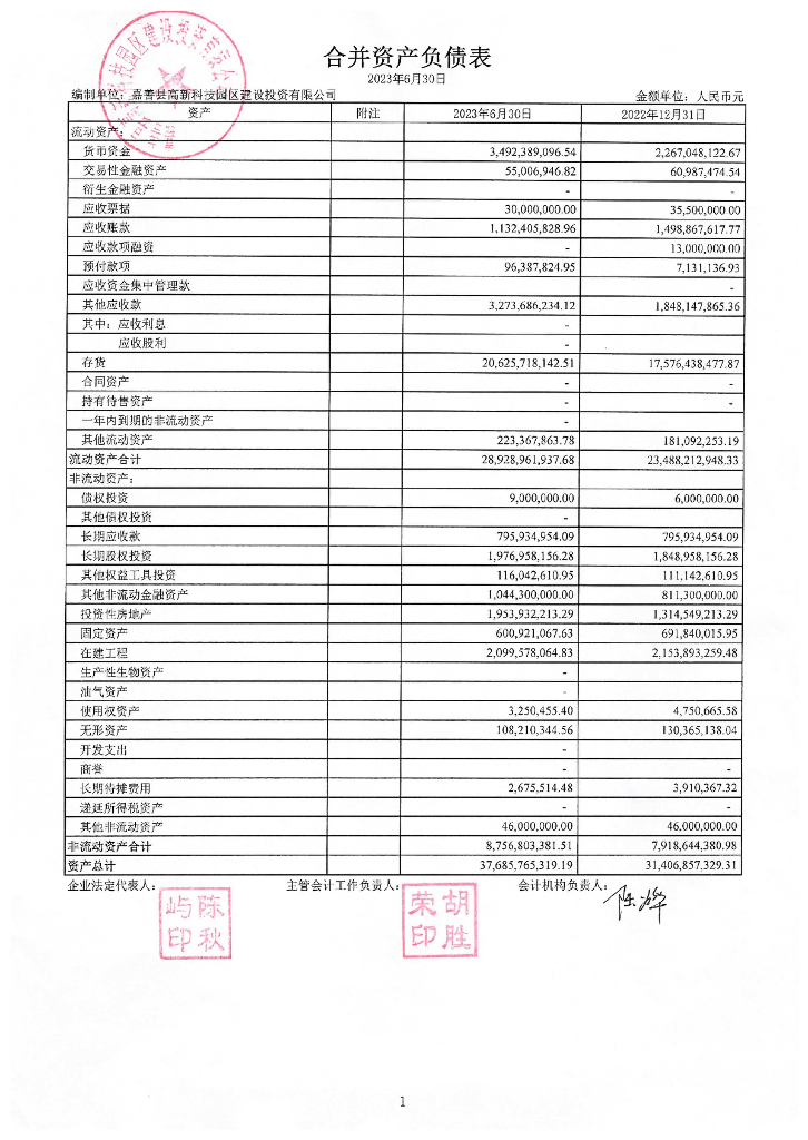 嘉善县高新科技园区建设投资有限公司2023半年度合并及母公司财务报表