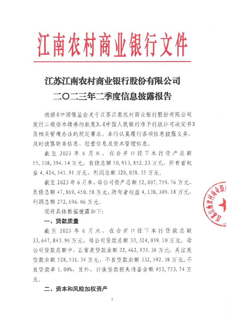 江苏江南农村商业银行股份有限公司2023年二季度信息披露报告