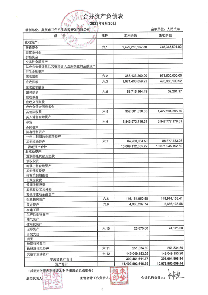 苏州市三角咀生态园开发有限公司2023年半年度财务报表及附注